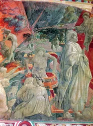 The Great Flood and the Retreat of the Water (detalje af manden i en tønde og Noah), 1446-8 (fresko overført til lærred)